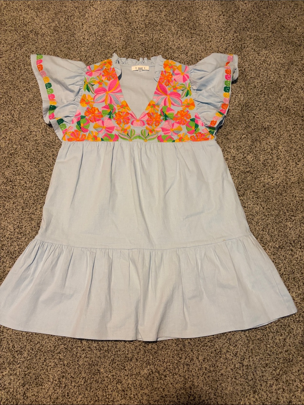 THML Light Blue Dress with Neon Floral Embroidery
